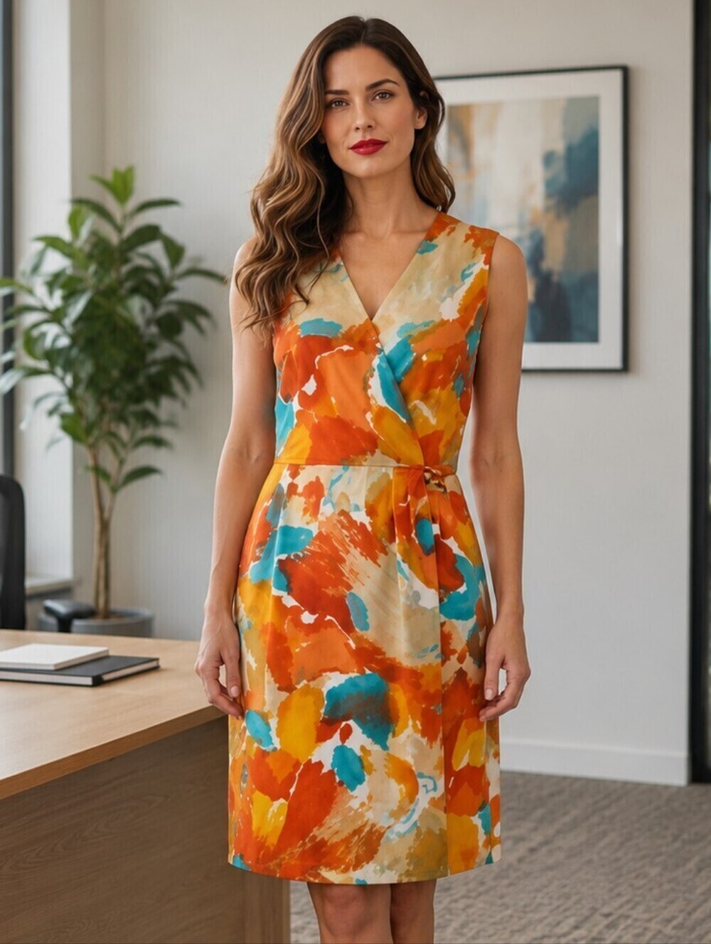 🎉SALE Leslie Stuart Vibrant Watercolor Faux Wrap Sleeveless Dress